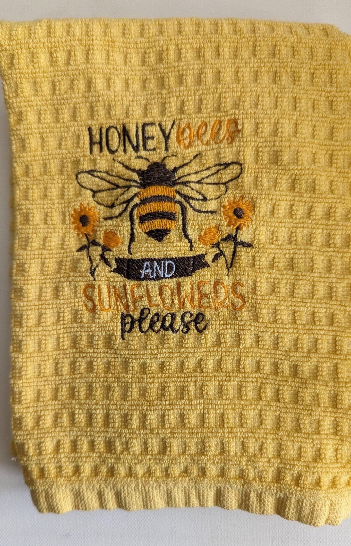 Machine Embroidered Kitchen Towel-Honey Bees and Sunflowers Please