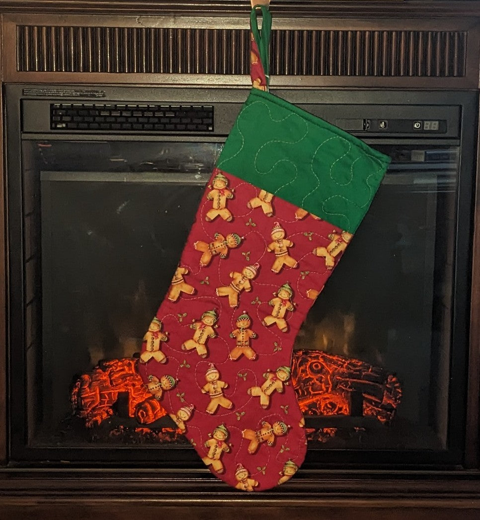 Christmas Stocking-Gingerbread People on Red B/G-Green Cuff-Handmade