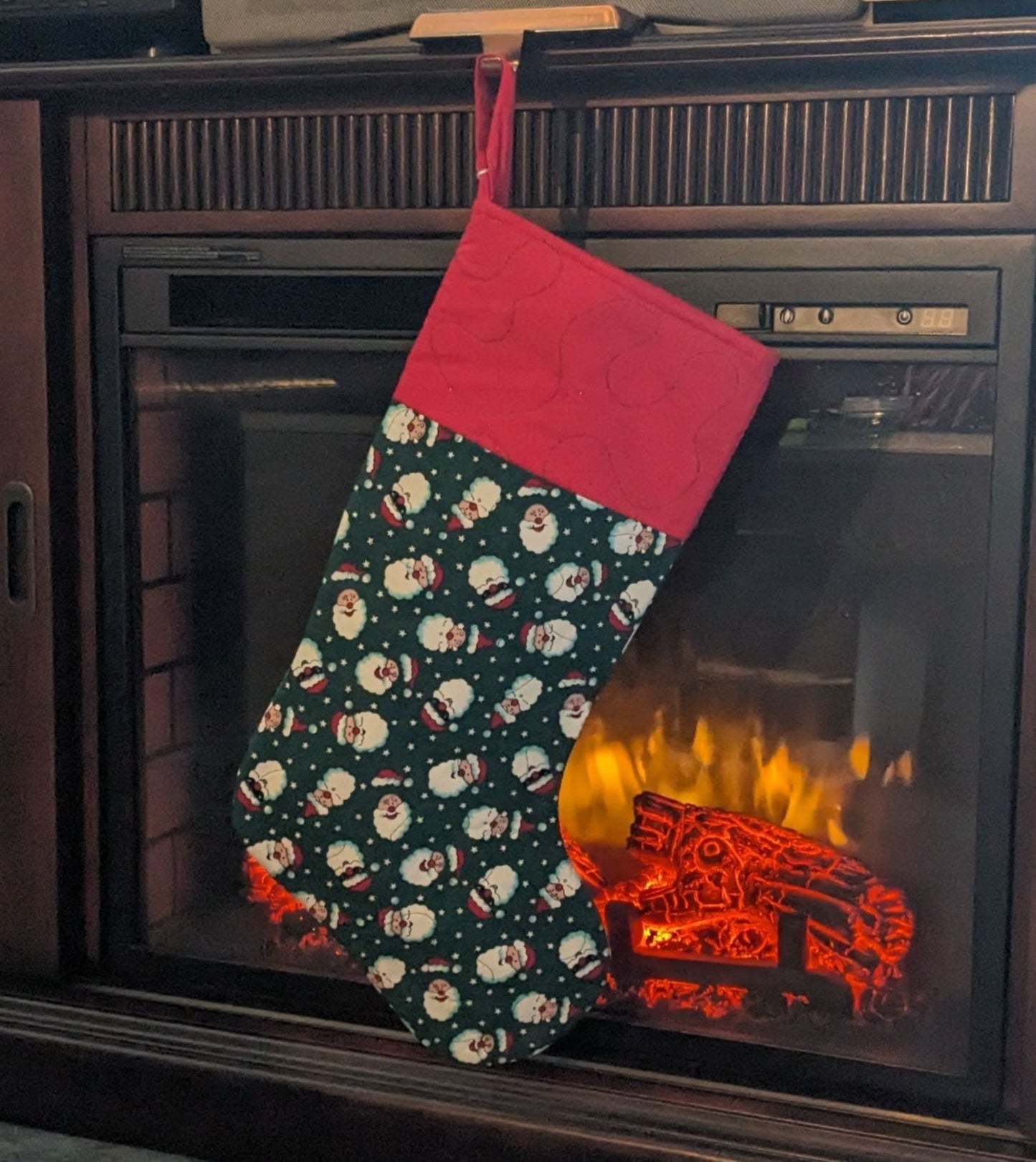 Christmas Stocking-Happy Santa's on Green B/G-Red Cuff