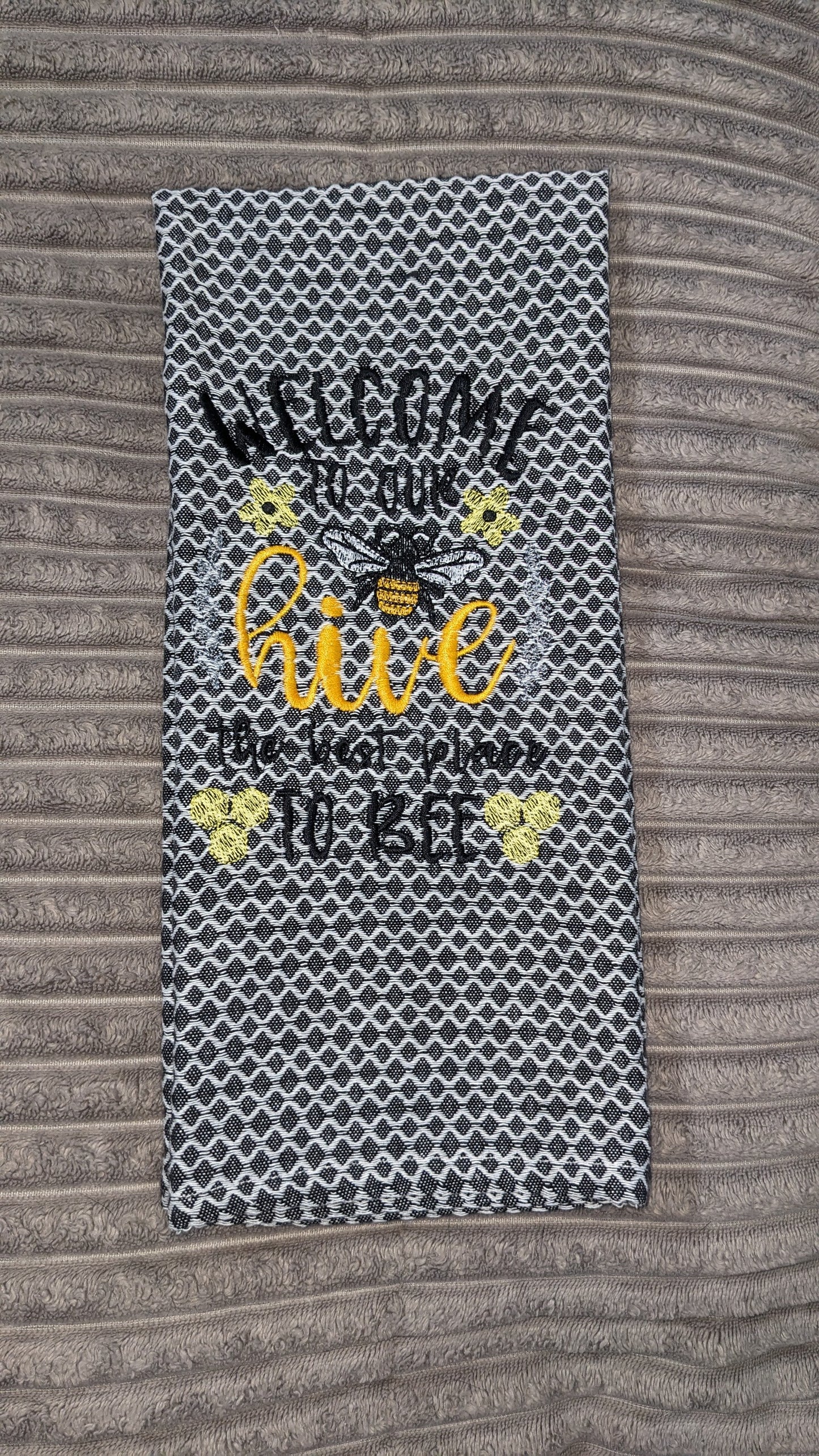 “Welcome to Our Hive” embroidered towel