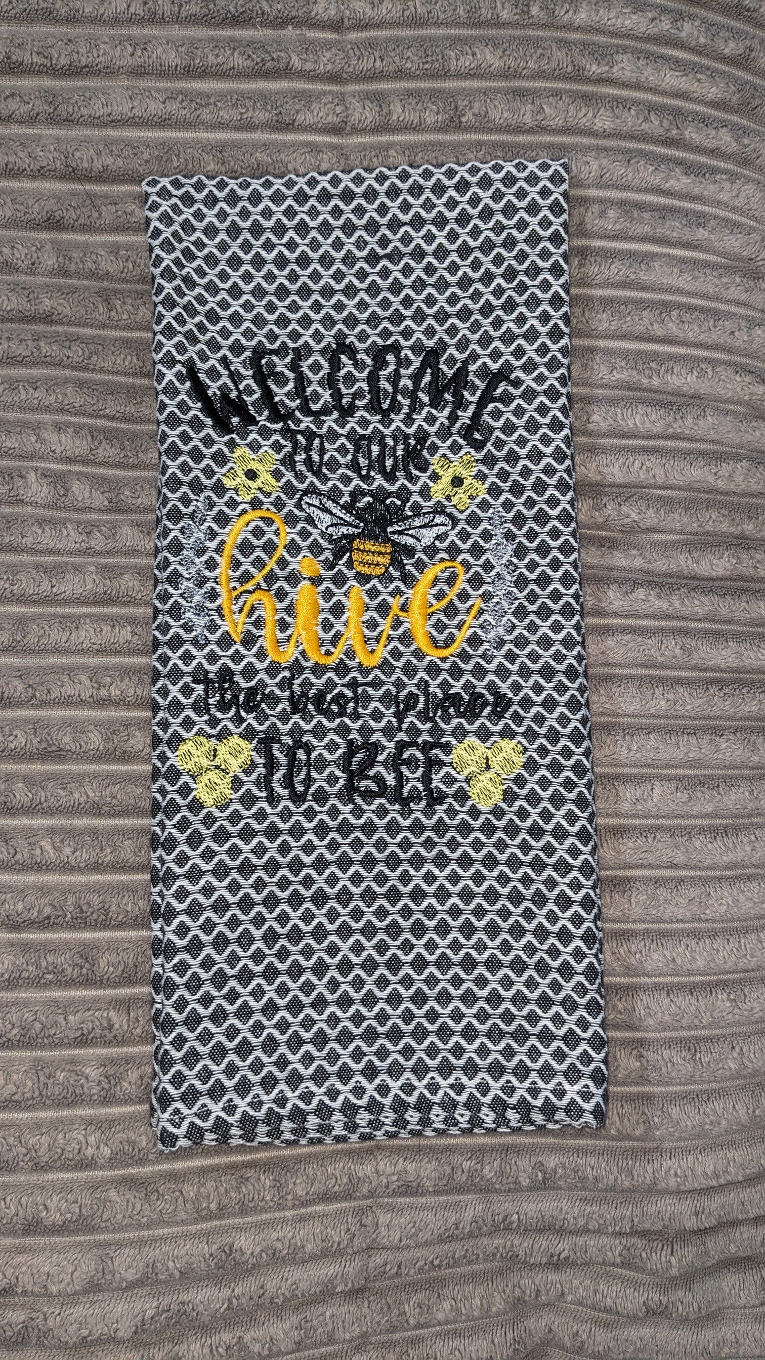 “Welcome to Our Hive” embroidered towel