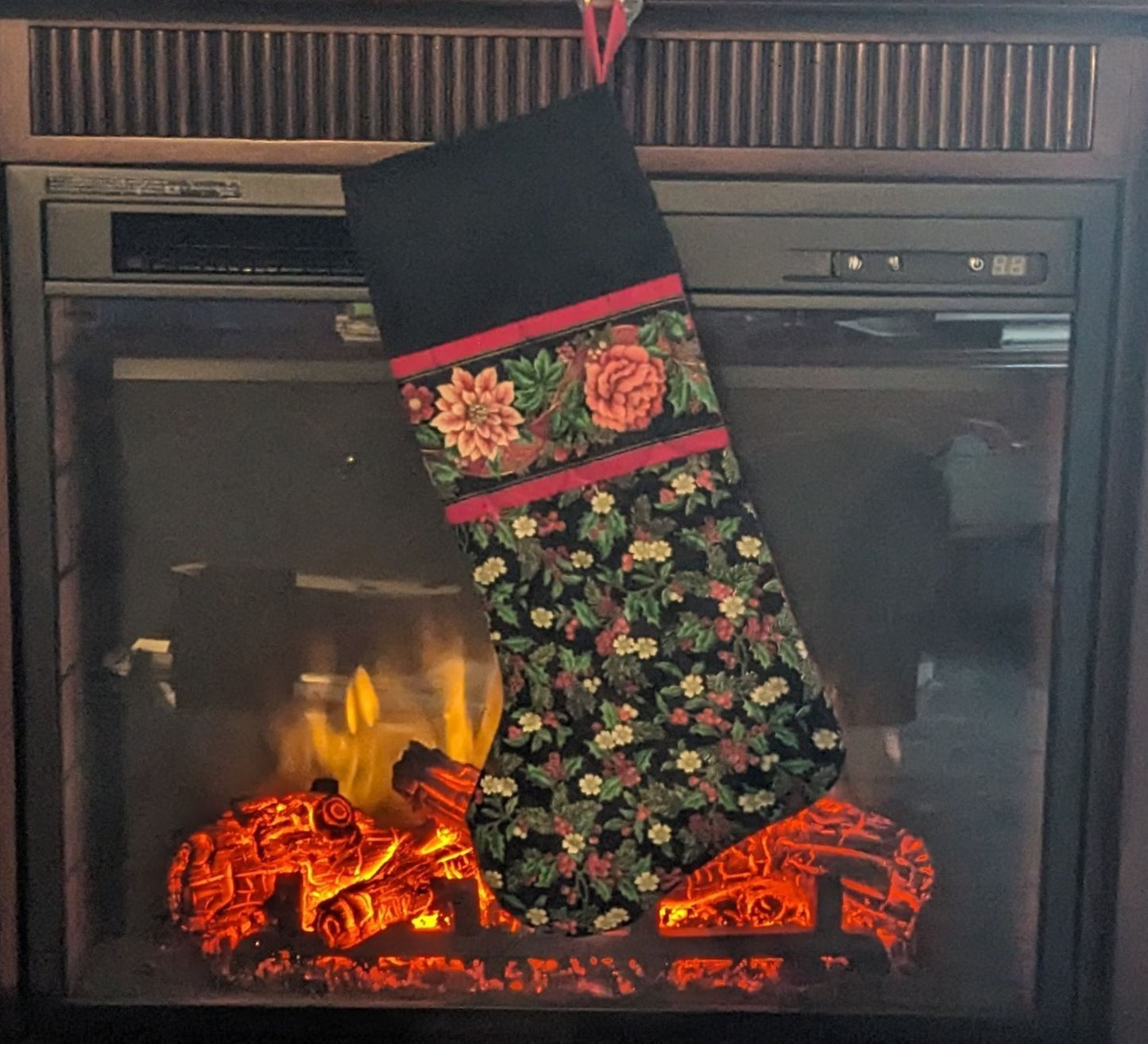 Floral & Holly Christmas Stocking-Black Background-Hand Made-Facing Left