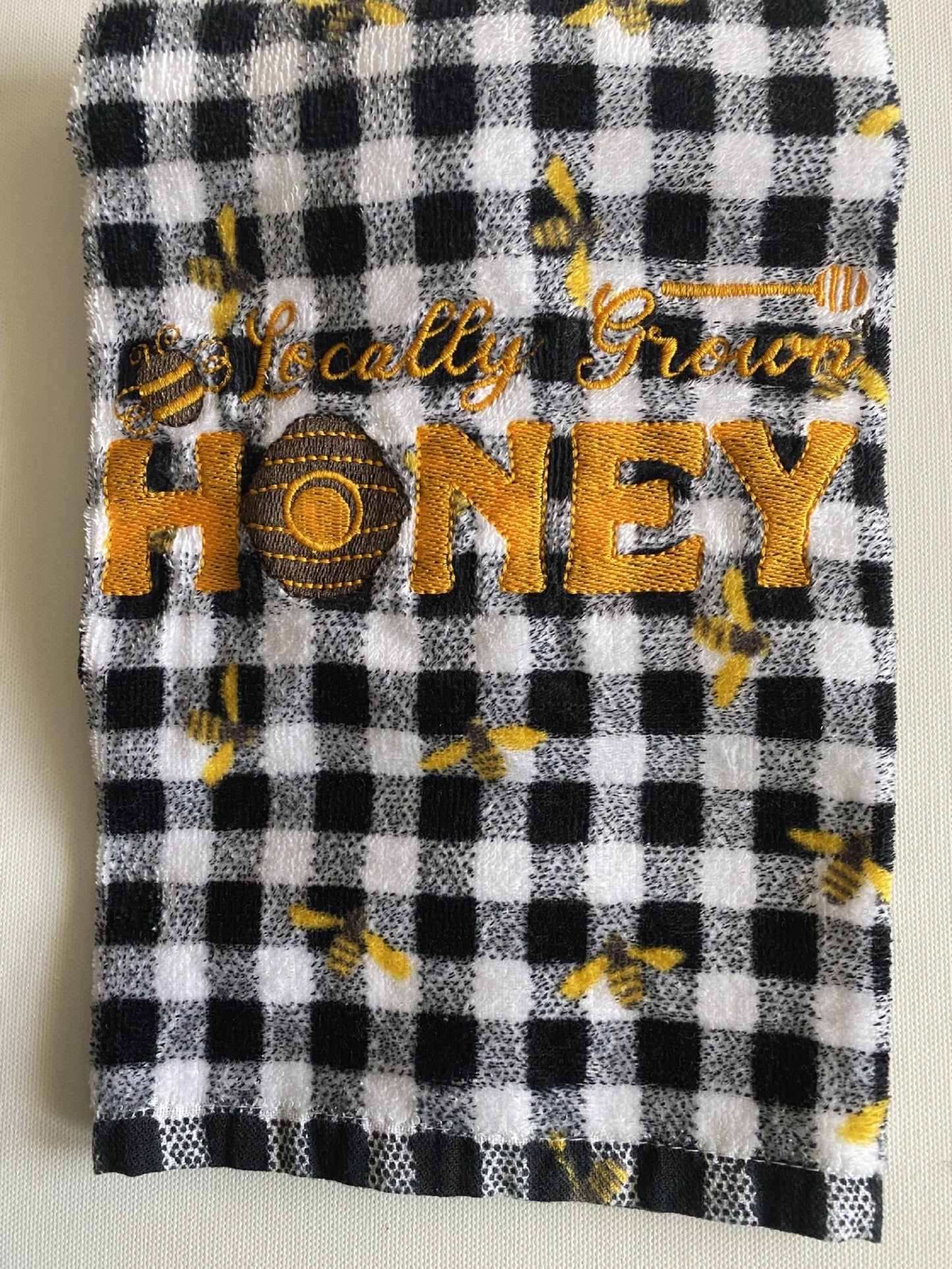 Locally Grown Honey-Machine Embroidered Towel-Black & White Check w/bees