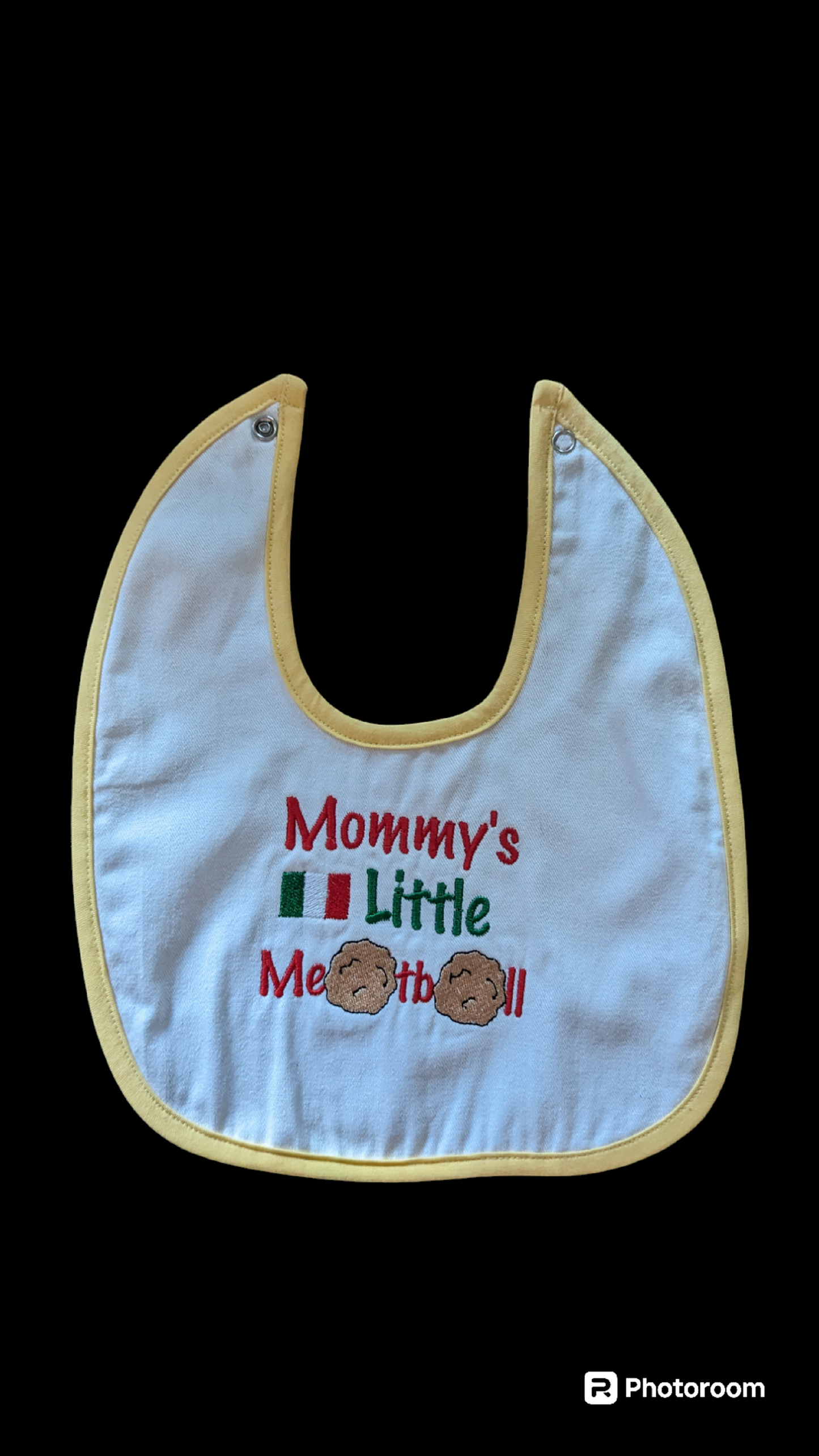 Baby Bib-Mommy's Little Meatball-Trimmed in Yellow-Machine Embroidered