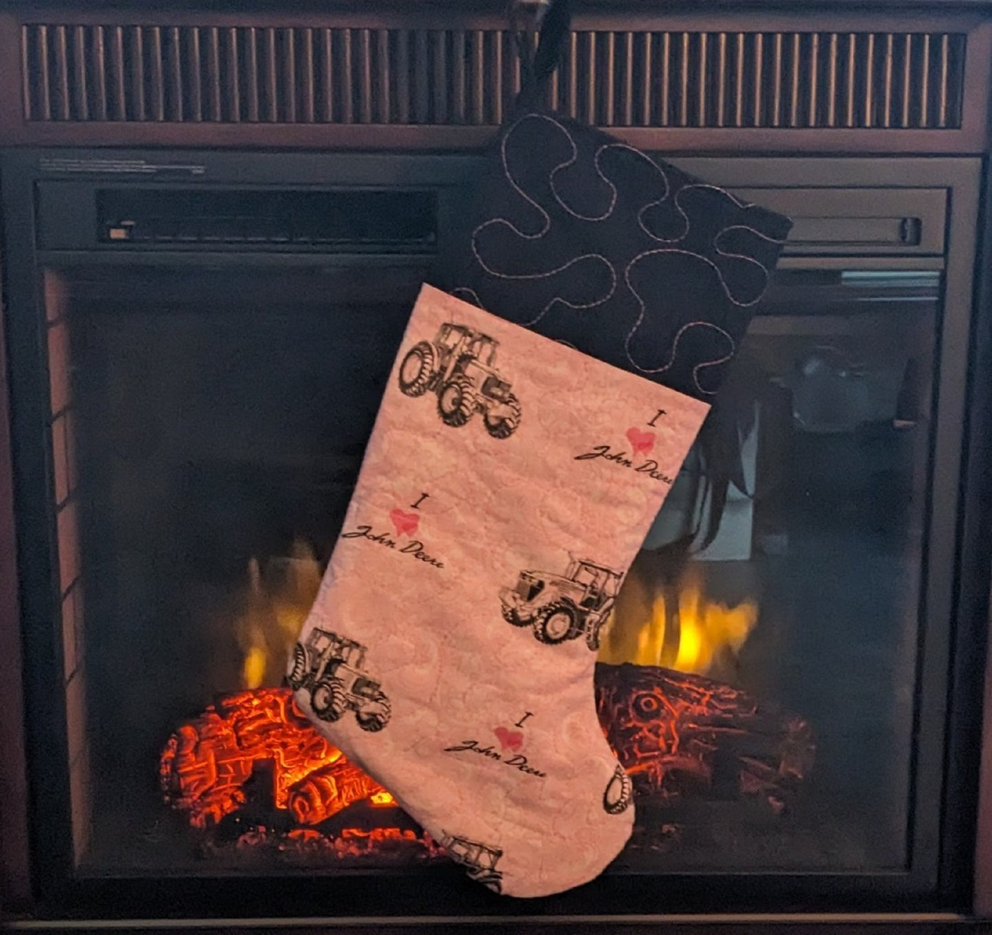 Pink John Deere Christmas Stocking-Handmade-Machine Quilted