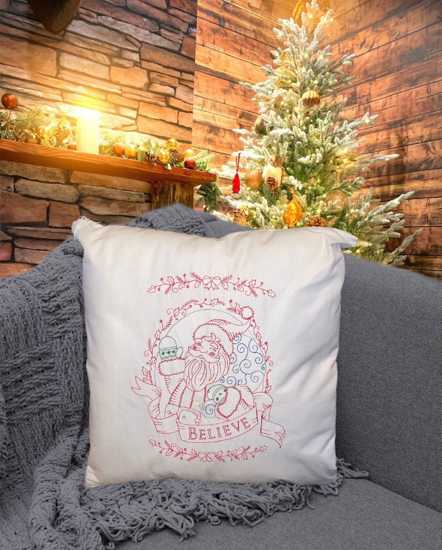 Machine Embroidered Santa Pillow-Believe-16" Pillow Cover-Form Not Included