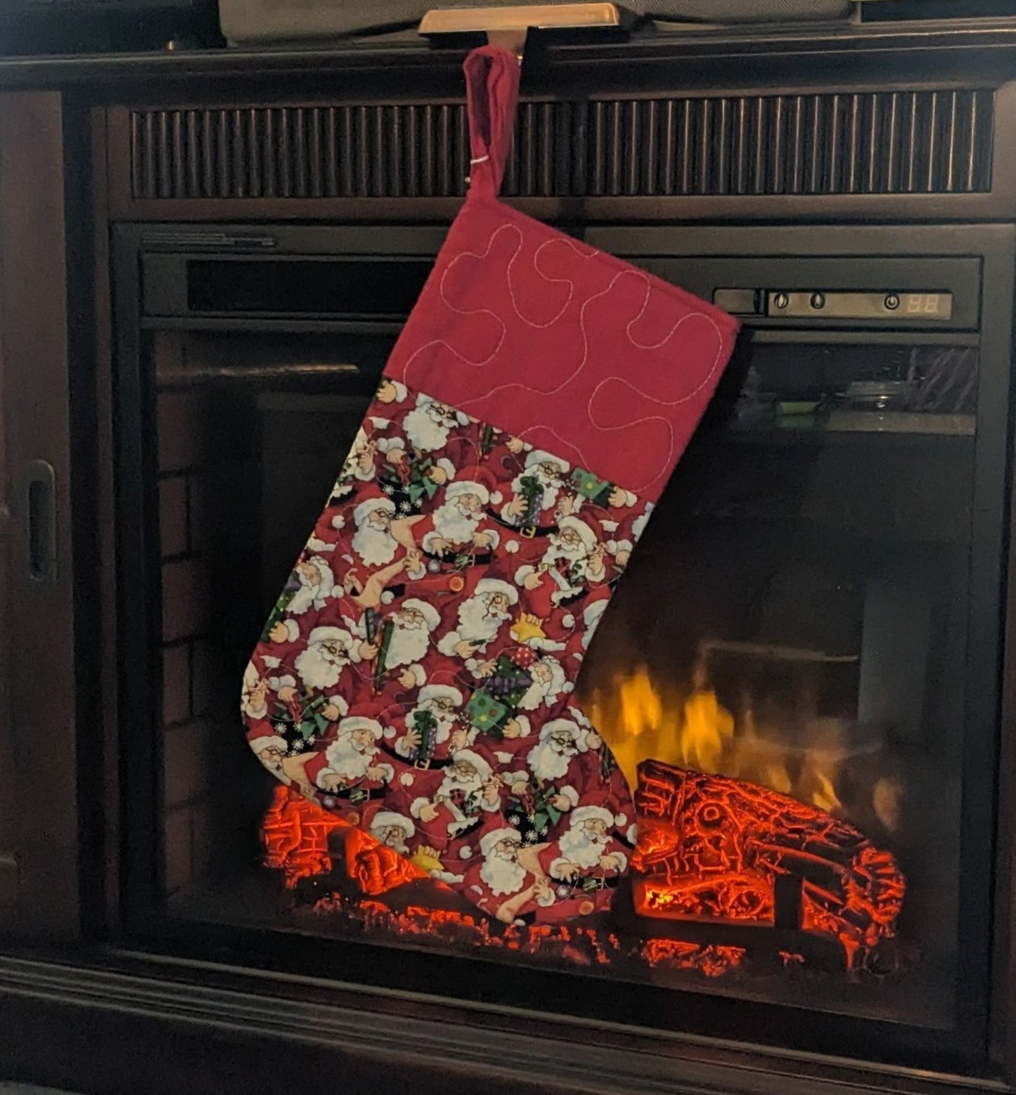 Christmas Stocking-Santa's on Red Background-Handmade