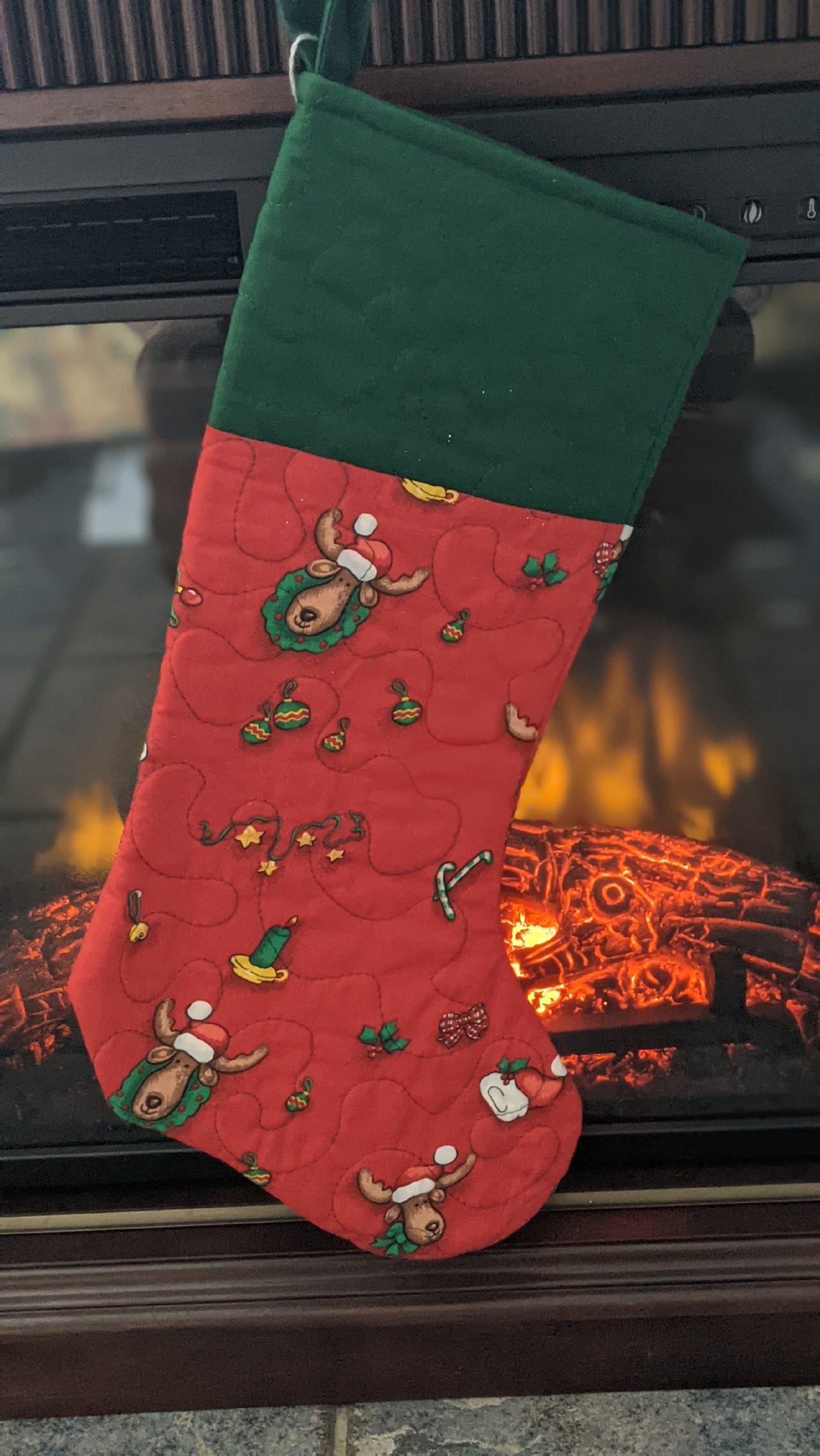 Reindeer Christmas Stocking-Hand Made-Quilted-Green Cuff