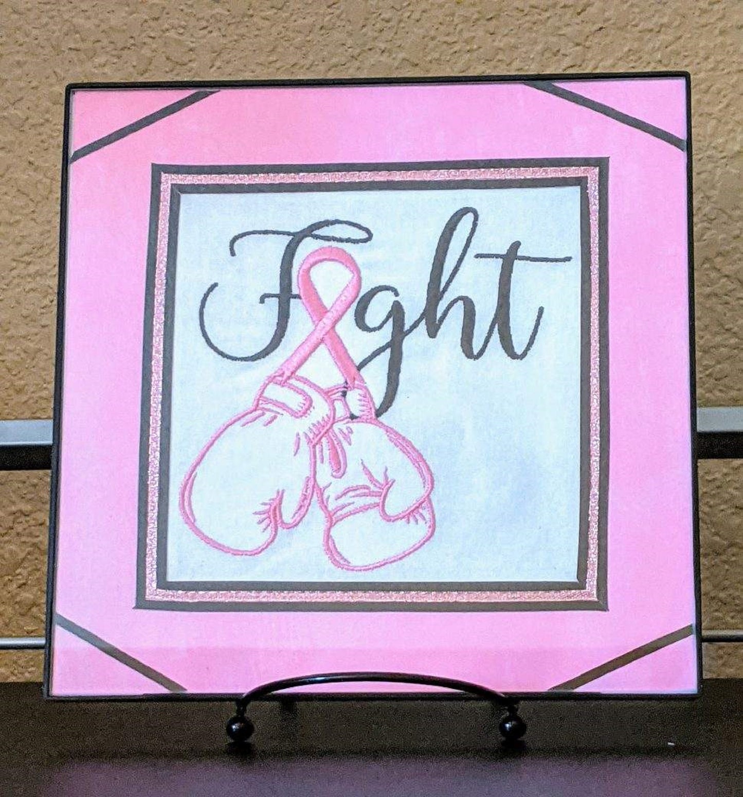 Fight - Breast Cancer - Boxing Gloves-Machine Embroidered Framed Picture