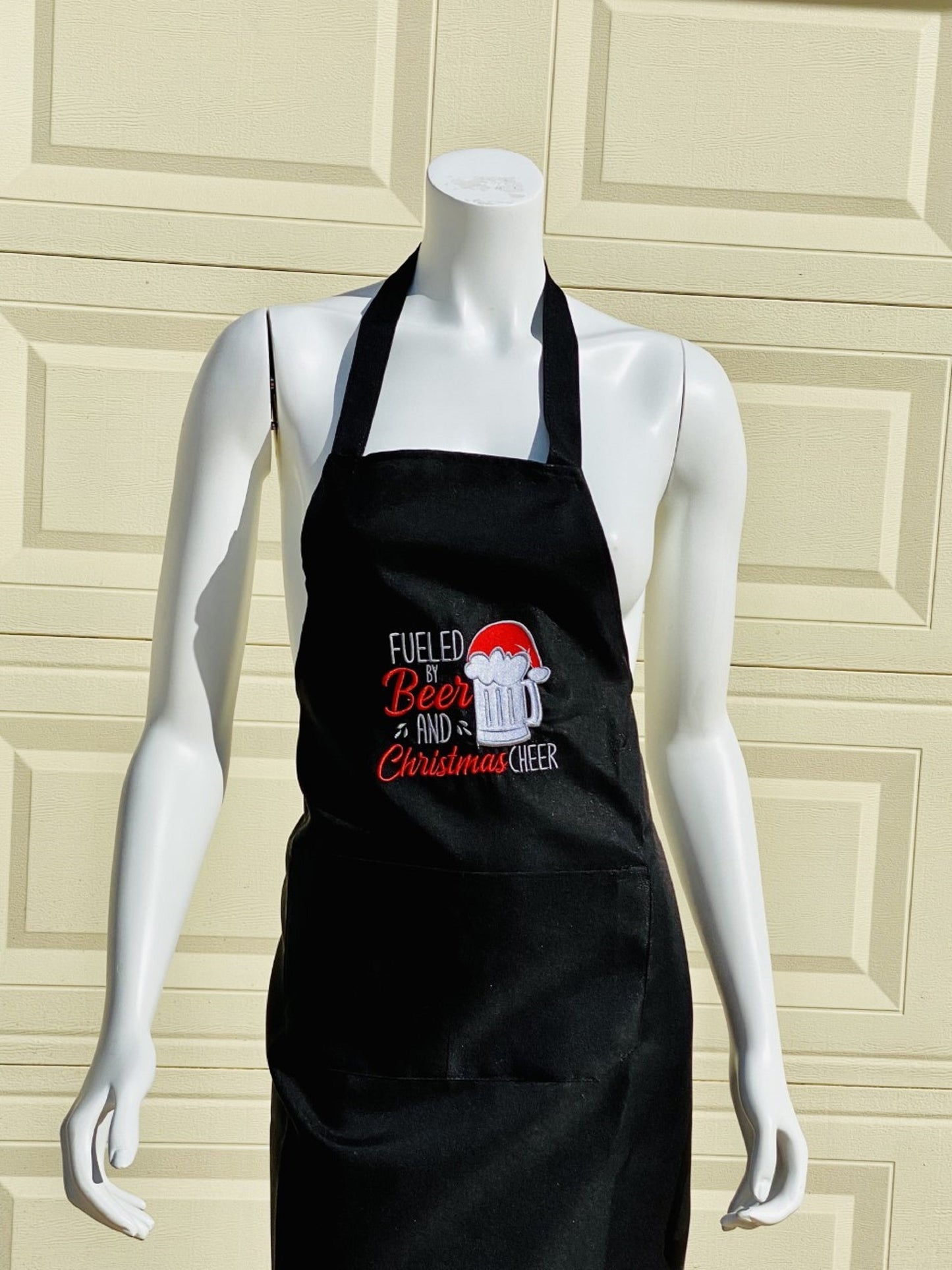 Fueled By Beer & Christmas Cheer-Adult Black Apron-Machine Embroidered