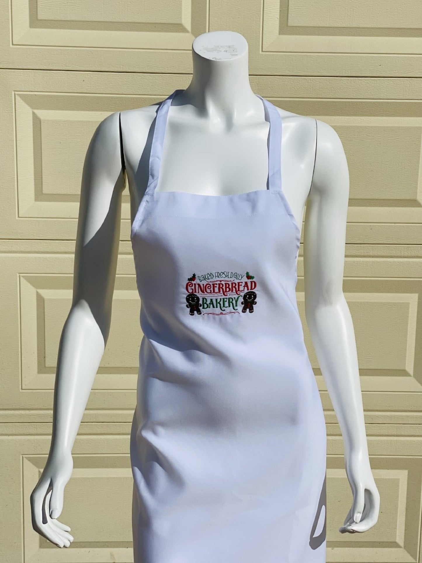 Gingerbread Bakery-Baked Fresh Daily-Machine Embroidered White Adult Apron