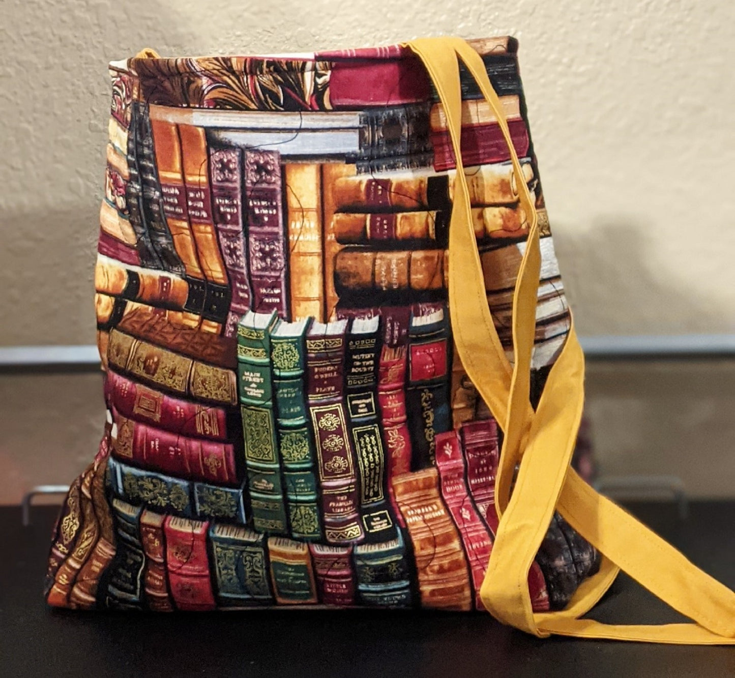 Library Books Tote Bag-Gold Lining with Pockets-Machine Quilted