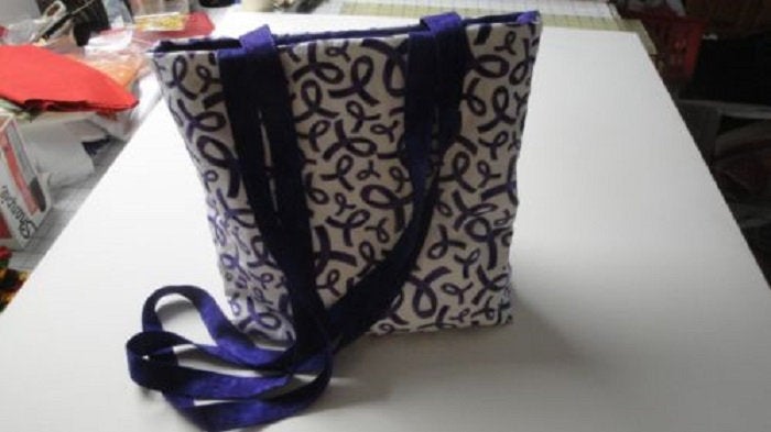 Purple Ribbons on White Background Tote Bag-Machine Quilted-Hand Made