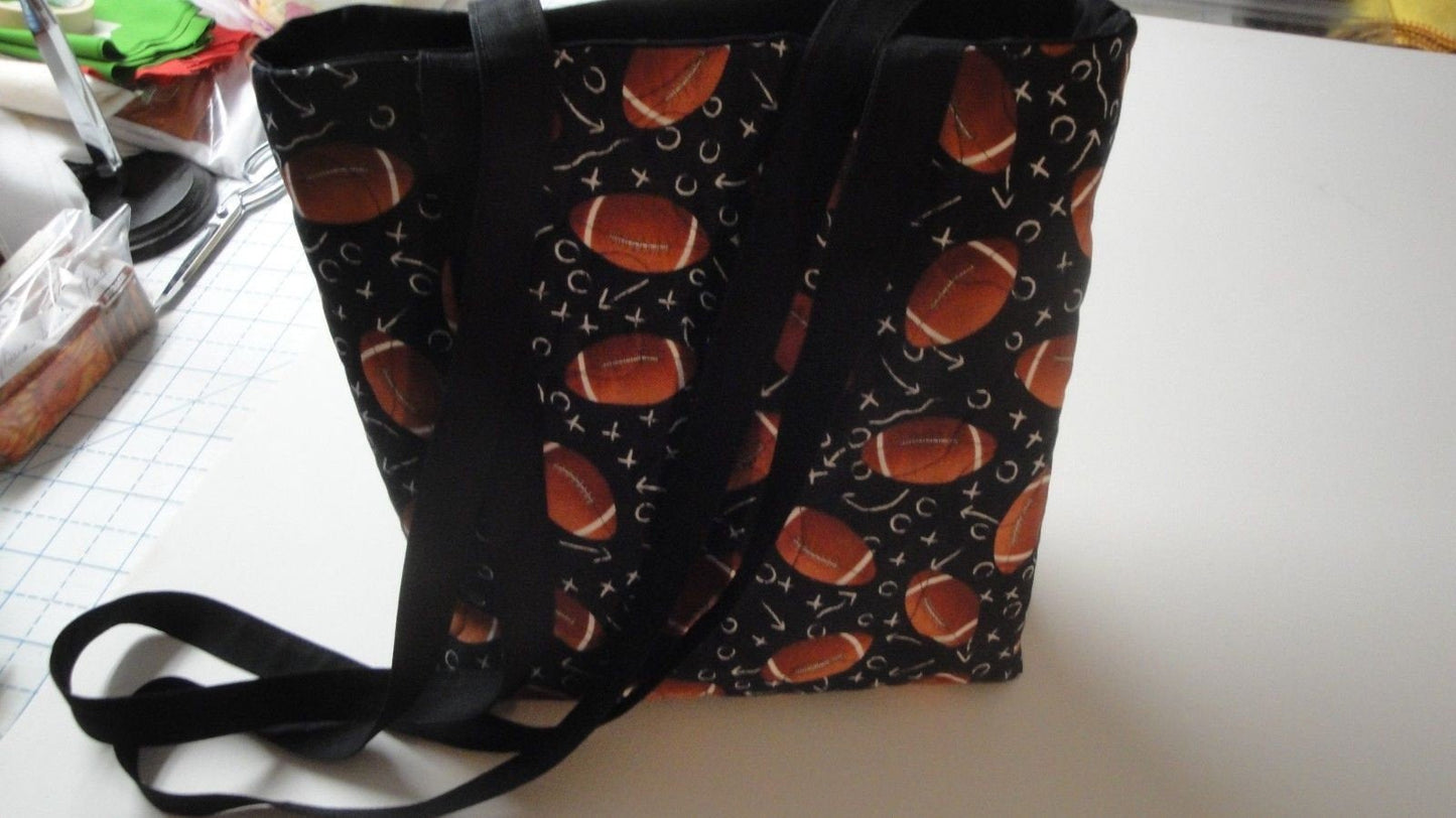 Football Tote W/Plays Design-Black Background-Machine Quilted-Hand Mad-For The Love of Football