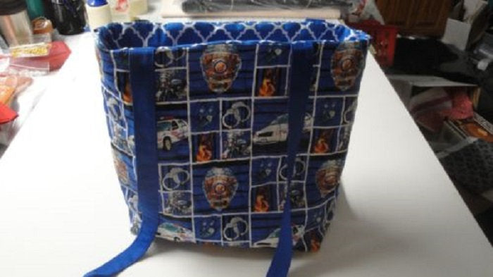 Police-Tote-Bag-Blue-Squares-Background-Machine-Quilted-Hand-Made-Cars-Badges