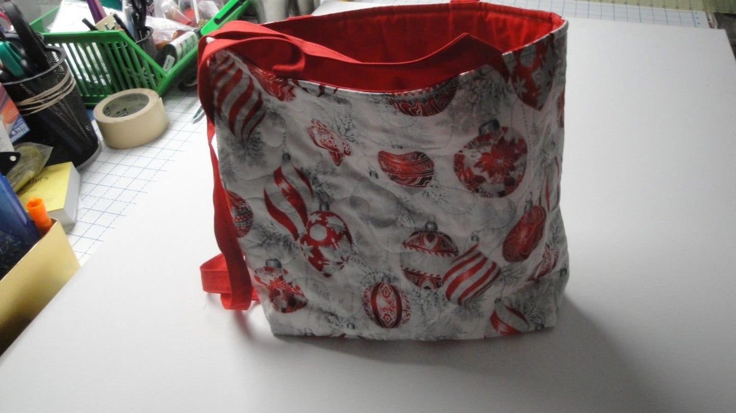 Red Ornaments-Silver Background-Metallic Tote Bag-Machine Quilted-Hand Made