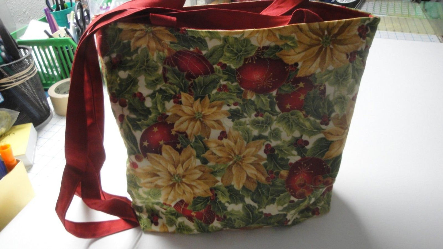 White Poinsettias & Red Ornaments Christmas Tote Bag-Machine Quilted-Hand Made