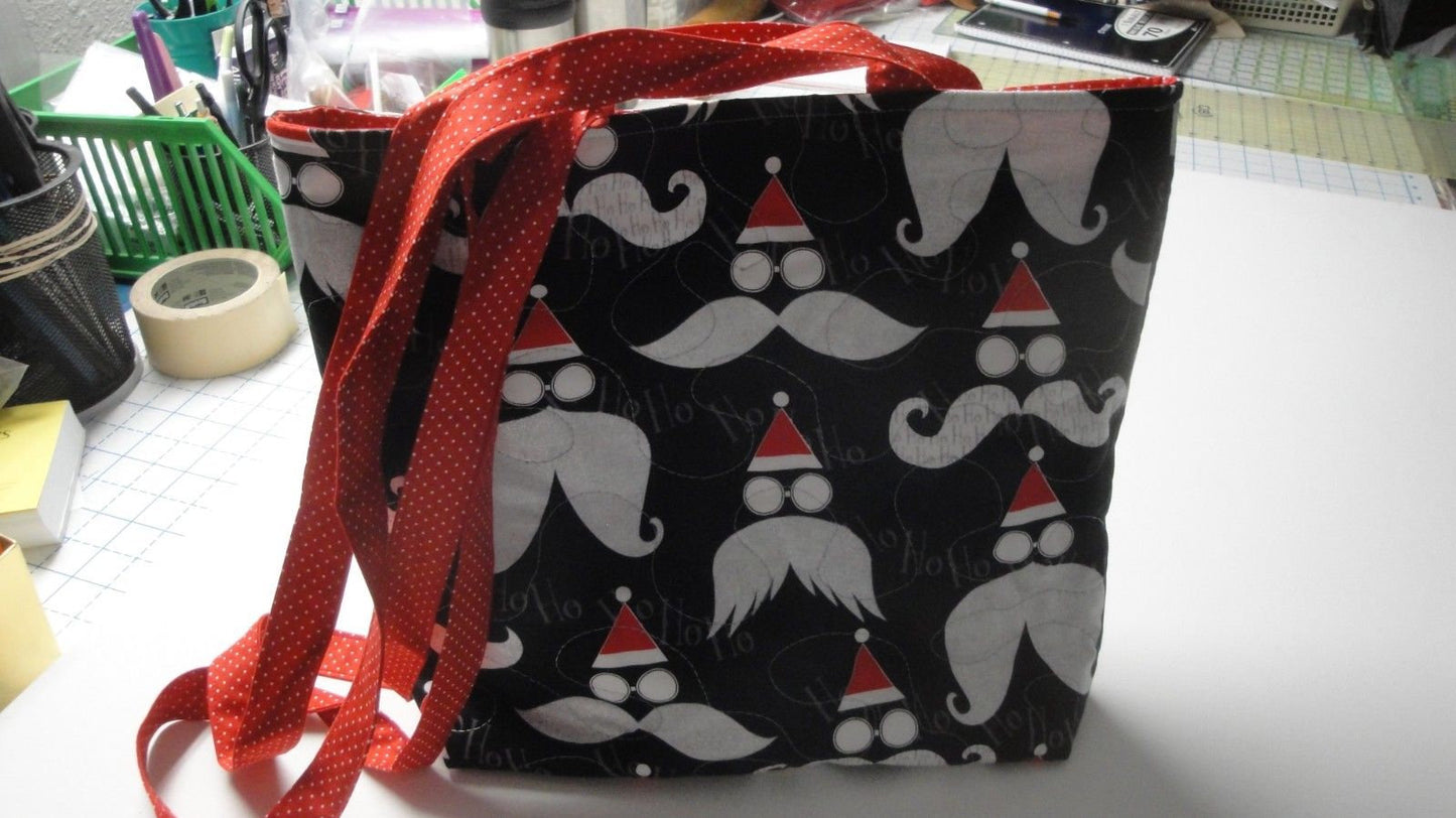 Santa Claus Faces-Black Background Tote Bag-Machine Quilted-Hand Made-Silver Metallic Beards