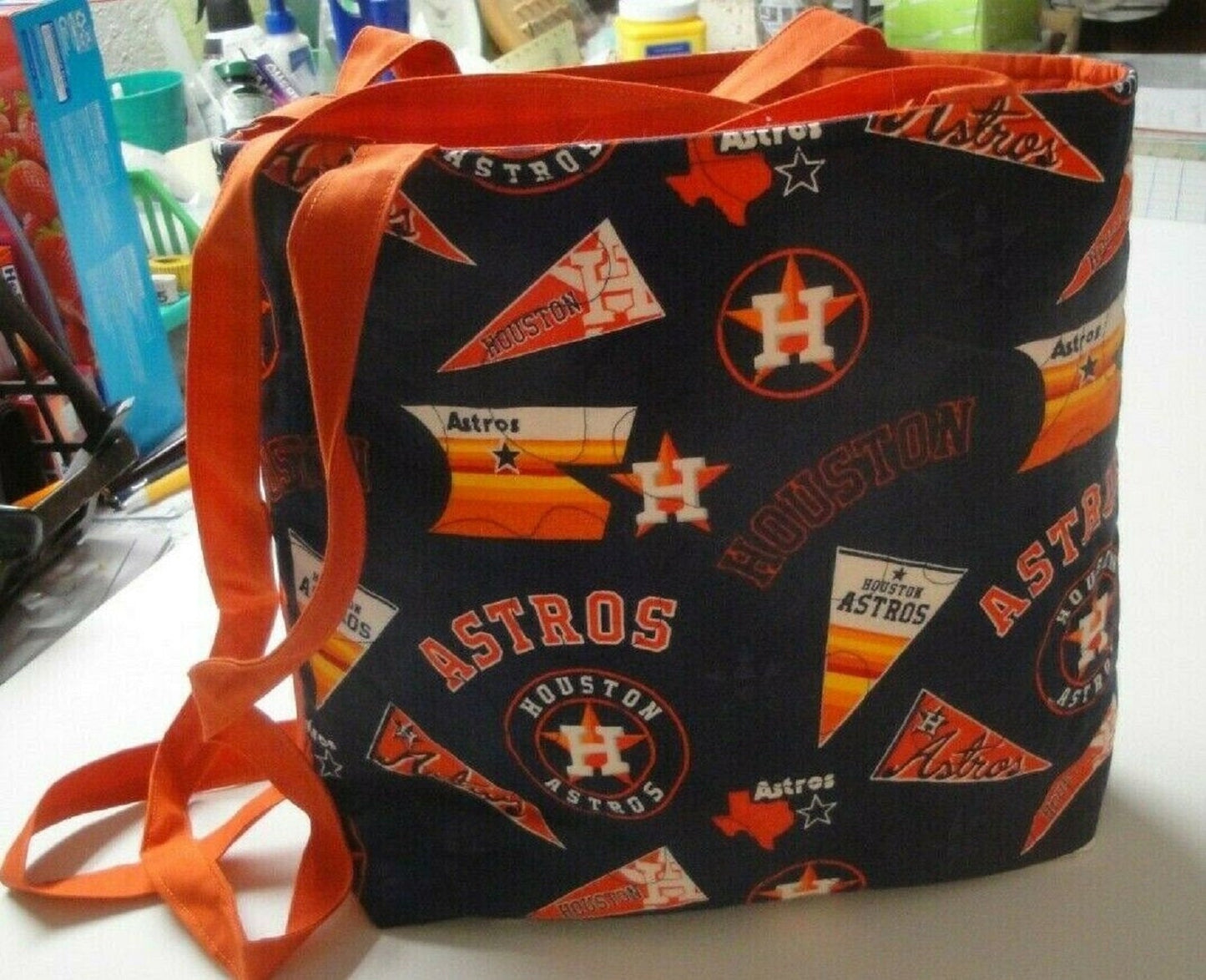 Houston Astros-Patchwork/Logos Tote Bag-Navy B/G-Machine Quilted-Hand Made
