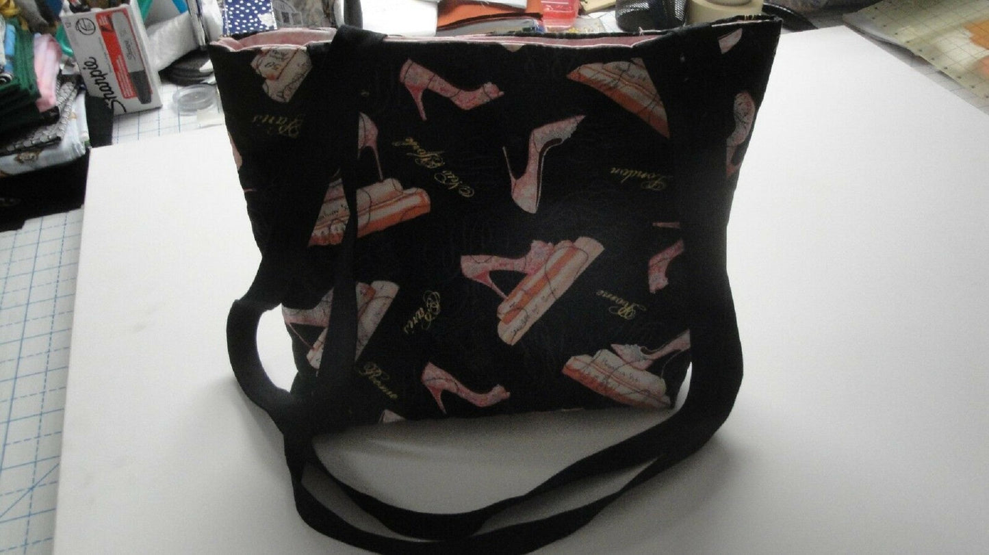 Pink High-Heels on Books-Black Background Tote Bag-Machine Quilted-Hand Made