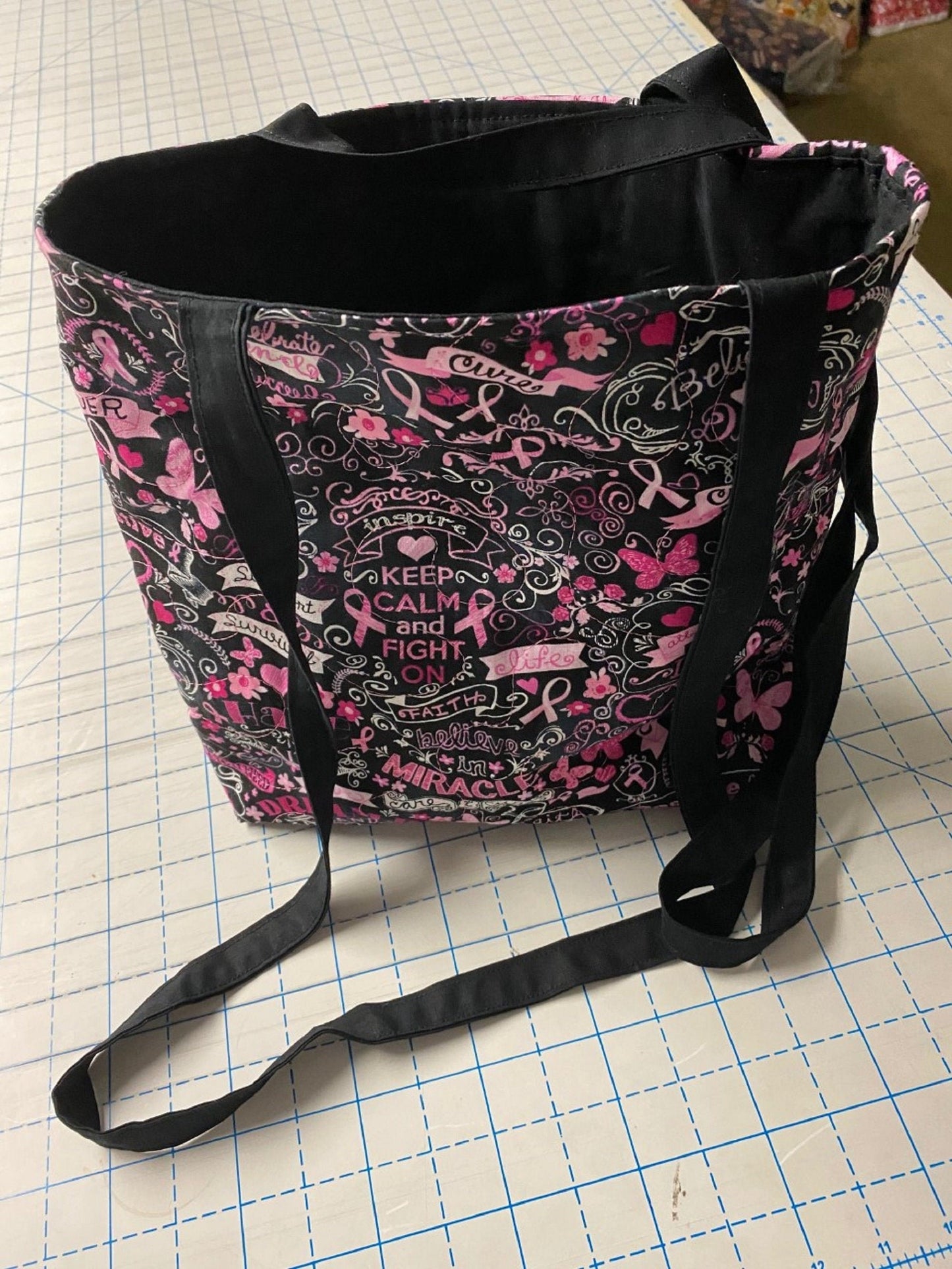 Tote Bag-Breast Cancer-Black Chalkboard Print-Machine Quilted-Hand Made