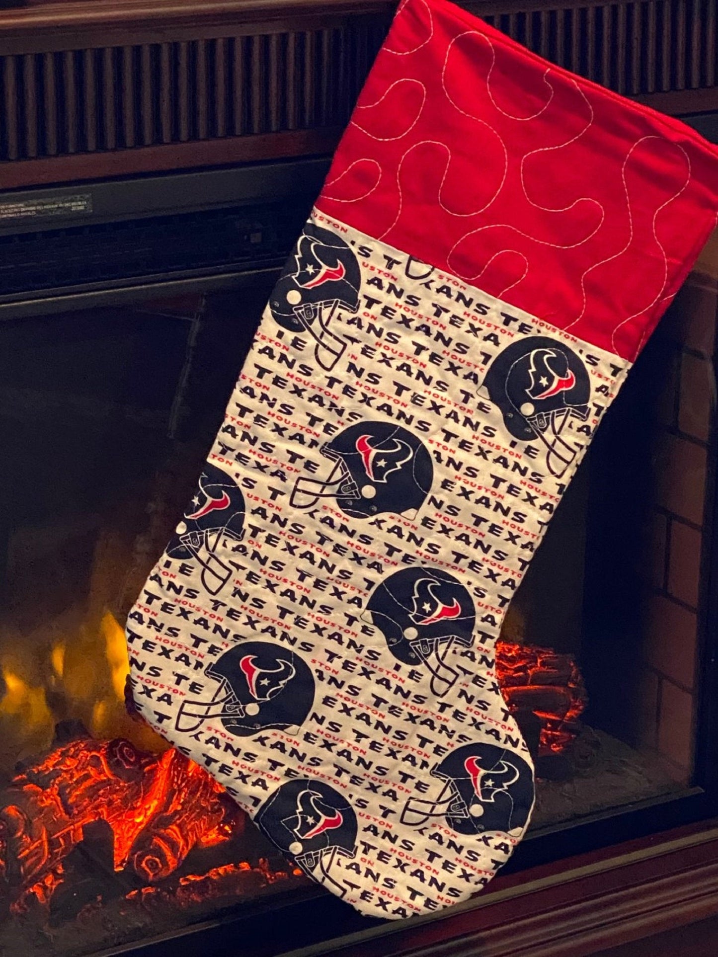 Christmas Stocking-Houston Texans Logo & Name-White B/G-Red Cuff and Lining