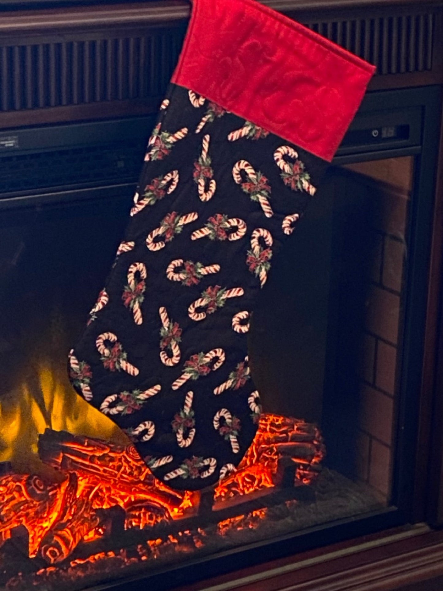Christmas Stocking-Candy Canes Tied with Red Ribbon & Holly-Silver Metallic Trim