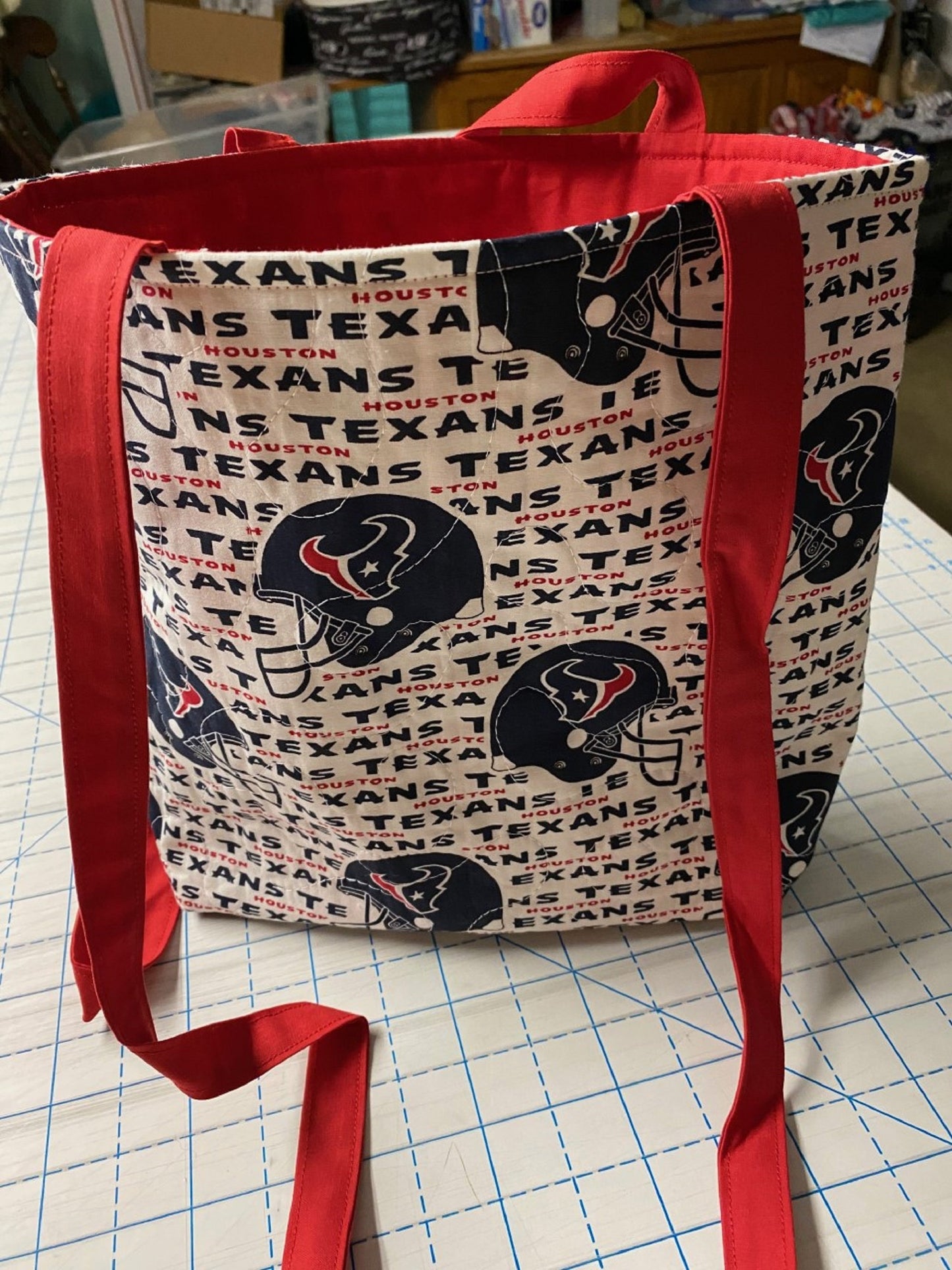 Houston Texans Tote Bag-Machine Quilted-Hand Made-Red Lining & Straps