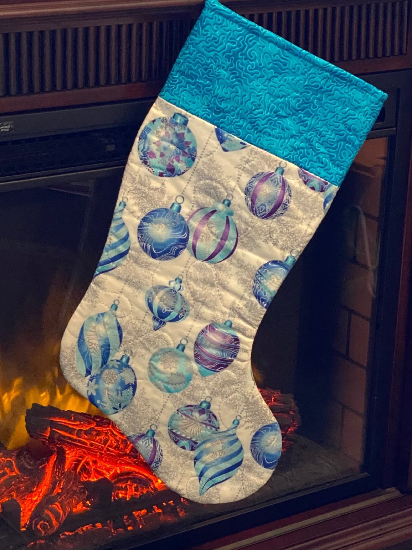 Christmas Stocking-Teal & Blue Ornaments Outlined in Silver w/Teal Cuff