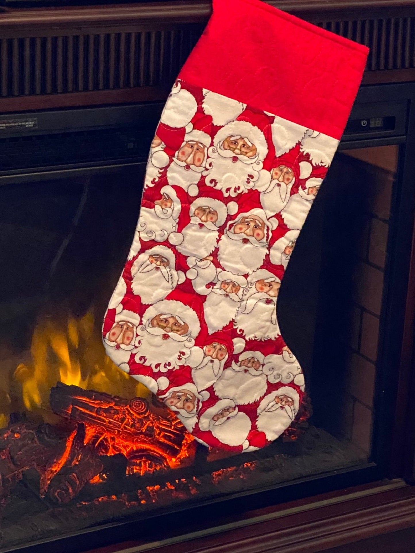 Christmas Stocking-Santa Faces Stacked on Red Background w/Red Cuff