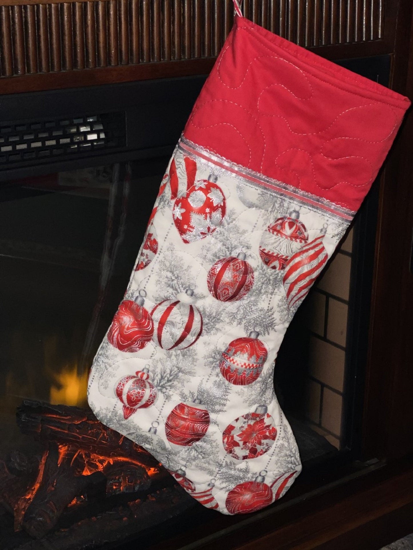Christmas Stocking-Red Ornaments on White B/G w/Silver Accents