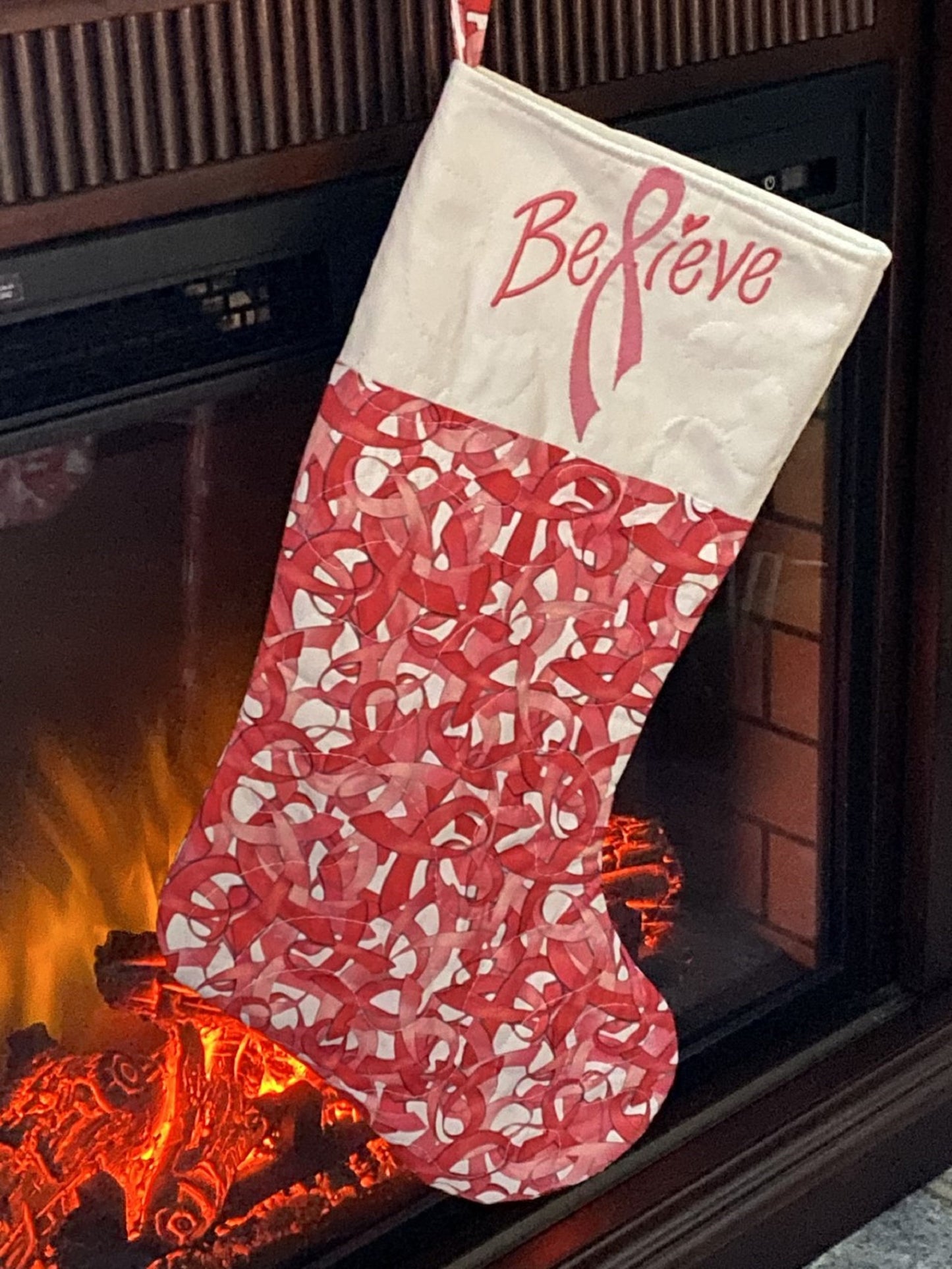 Christmas Stocking-Breast Cancer-Believe-Embroidered Cuff-Pink Ribbons