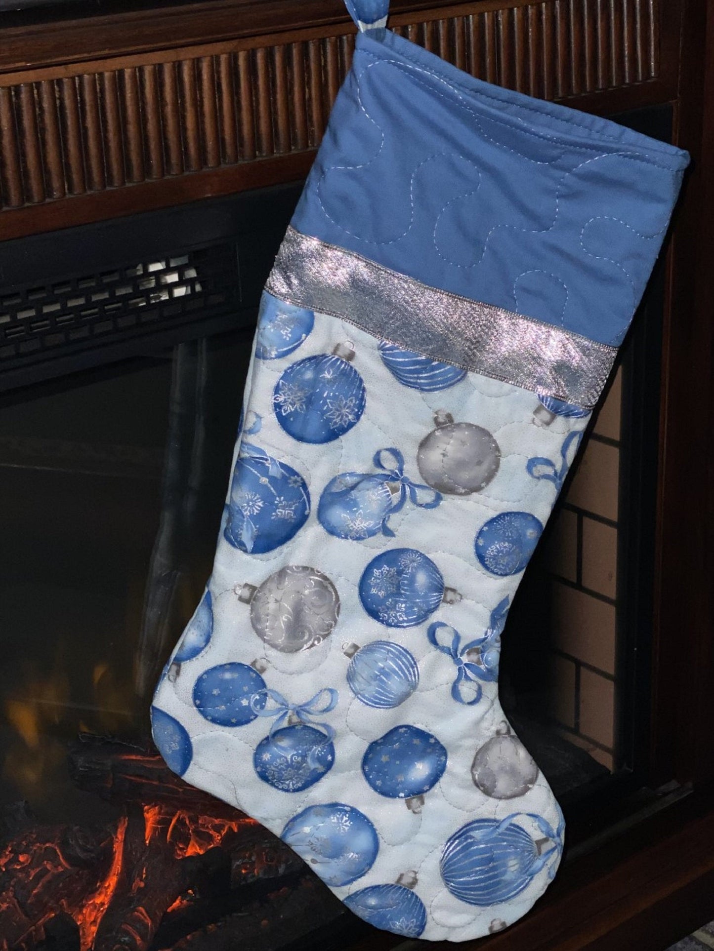 Christmas Stocking-Blue Ornaments on a Silver Background