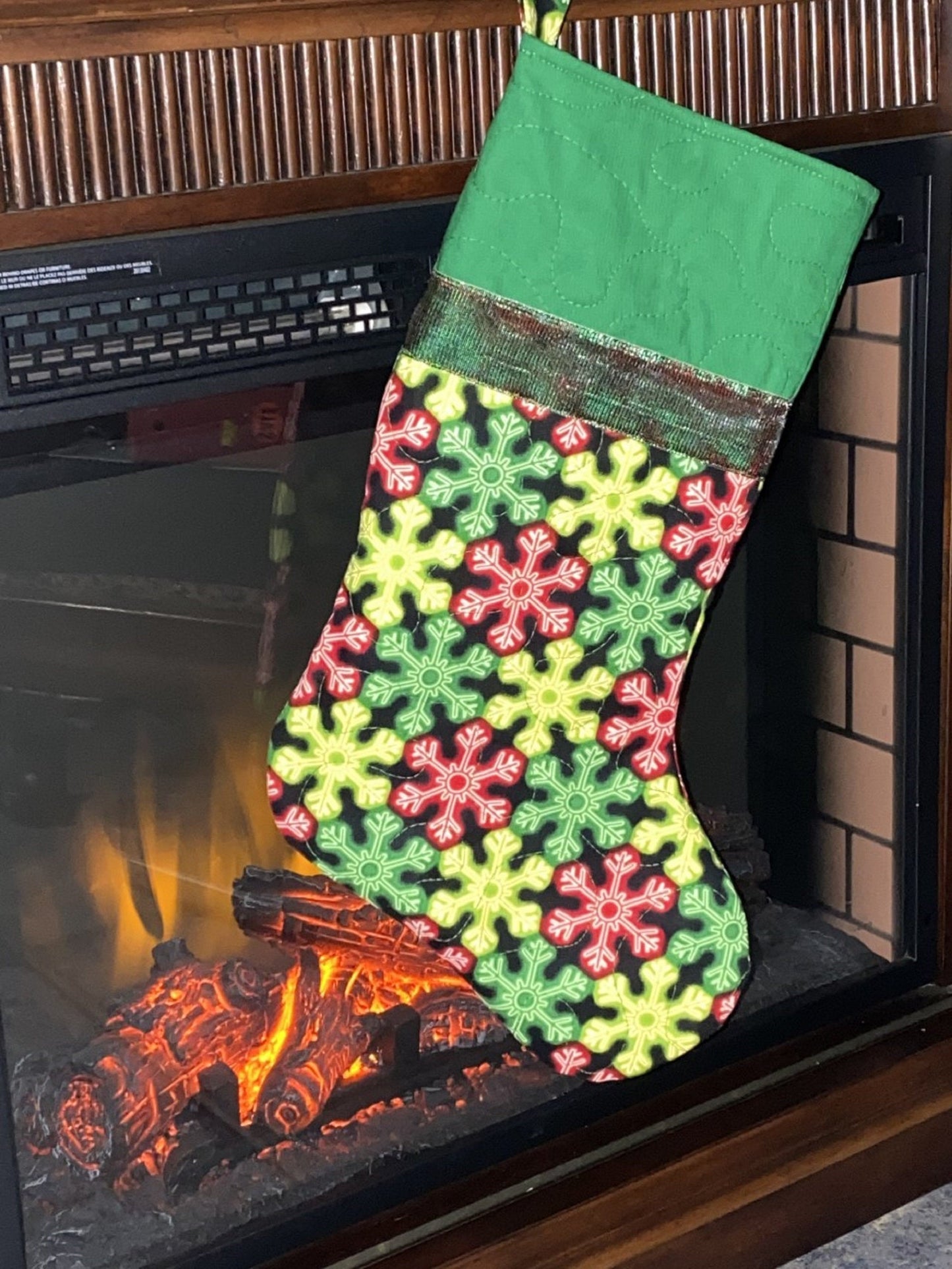 Christmas Stocking-Colorful Snowflakes-Black Background-Ribbon Changes Colors